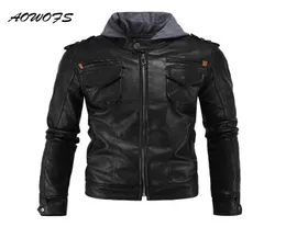 Whole AOWOFS Hooded Leather Jackets Men Safari Coats Black Moto Leather Jackets with Hood Hip Hop Fashion Male Leather Jacket8453495