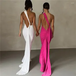 Casual Dresses Women Gown Summer Back Strap Sleeveless Ruched Party Sexy Long Dress Vestidos Oblique Shoulder Backless