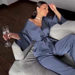Hechan sólido feminino robes com faixas 2 peça conjunto de pulso sono topos calças cetim solto pijamas casuais sleepwear feminino casa suit240327