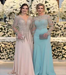 Sparkly Blush PinkBlue Crystal Pärled V Neck PROM Dress Elegant Sheath Evening Formal Party Gown Mother of the Bride Dresses9608569