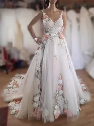 3d Floral Applique 신부 웨딩 드레스 소매 v-neck 얇은 명주 그물 a-line 드레스 신부 웨딩 드레스 공식 행사