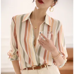 Stripe Women Shirt Satin Vintage för 2023 Autumn Clothes Korean Fashion Shirts and Blauses Basic Elegant Womens Tops 240301