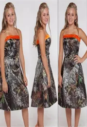 Floresta camuflada camo vestidos de dama de honra uma linha sem alças sem costas chá comprimento vestidos estilo country 20171752007