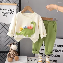 Conjuntos de roupas Primavera Outono Crianças Menino 2 PCS Roupas Conjunto de Algodão Dos Desenhos Animados Dinossauro Pulôver Moletom Calça Sólida Kid Terno Roupas de Bebê