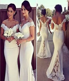 White Mermaid Bridesmaid Dresses Sweetheart Cap Sleeve Floor Length Long Dresses Evening Applique Backless Buttons Satin Bridesmai1048011