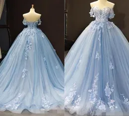 Sky Blue Quinceanera Dresses Off the Counder Lace Chaking 2020 Sweep Train Made Corset Back Sweet 16 Birthday Party Ball 3763538