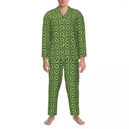 Mäns Sleepwear Green Geo Print Pyjama Set Autumn Checkered Soft Daily Par 2 Pieces Vintage Overdimensionerad Nightwear Birthday Present