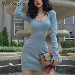 Casual Dresses Xeemilo Summer Blue Waist Hollow Out Dress Elegant Long Sleeve V-neck Backless Mini 2024 Women Sexy Party Prom Vestidos