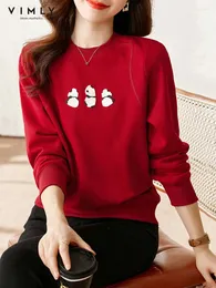 Hoodies femininos vimly em torno do pescoço pullovers moletom para mulheres bonito panda bordado 2024 primavera vermelho solto ajuste manga longa topos v7605