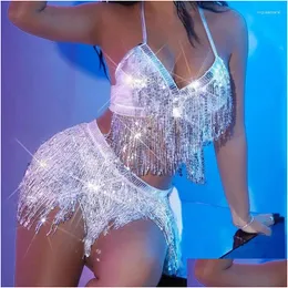 Womens Tanks Camis 2024 paljetter Tassel kjol och cami toppuppsättning sliver metallisk stretch klänning rave fest festival hip dance 2 stycken dro otkpu