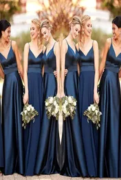 Simple New Navy blue Bridesmaid Dresses long 2020 ALine Satin Spaghetti straps Wedding Party Dress For Bridesmaid group dress9662885