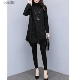 Women's T-Shirt Spring Autumn New Tassel Patchwork Solid T Shirt Tops Long Sle Black Irregular Loose Pullovers Fashion Vintage Women Clothing 240311