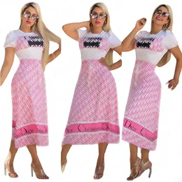 夏の印刷された短袖の長いスカート2ピースマキシスカートセットカジュアルな豪華な服