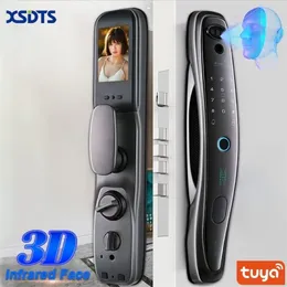 Tuya Smart 3Dドアロックセキュリティフェイスカメラモニターインテリジェントフィンガープリントパスワードバイオメトリック電子キーロック解除220704293i