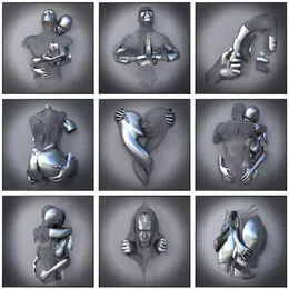 Silver Metal Figure Staty Wall Art Canvas Målning Romantisk älskare Skulptur Poster Bild för vardagsrum Heminredning Skriv ut nr F273E