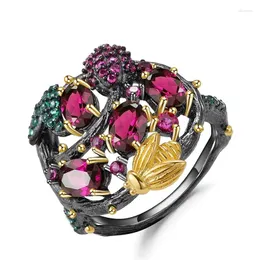 Anéis de Cluster Hoyon 925 Sterling Silver Color Ruby Gemstone Ring para Mulheres Hyperbole Anillos de Jóias 14k Gold Bague