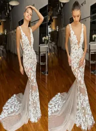 Berta Mermaid Wedding Dresses Deep v Neck Laceアップリキングビーチボーホーウェディングガウンカスタムメイドブライダルドレスローブデマリエ6112394