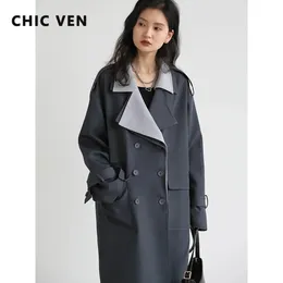 CHIC VEN Women Trench Coat Solid Loose Contrast Double Collar Double Breasted Long Womens Windbreaker Office Lady Spring Autumn 240228