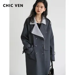 CHIC VEN Frauen Trenchcoat Solide Lose Kontrast Doppel Kragen Zweireiher Lange Frauen Windjacke Büro Dame Frühling Herbst 240228