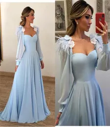 Elegante hellblaue Abendkleider, 3D-Blumenapplikationen, Federn, lange Ärmel, Abendkleid, lange afrikanische formelle Partykleider, Chiffon4283279