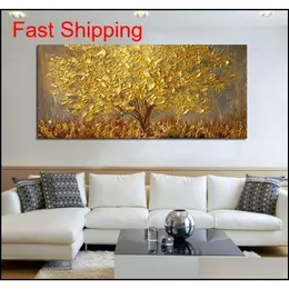 Large Hand-painted LNIFE Trees Oil Painting On Canvas Palette Golden Yellow Paintings Modern Abstract Wall Art qyliEa packing20102758