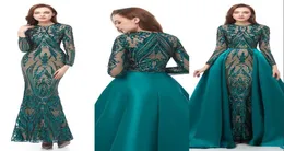 Abiti elegante azul royal lantejoulas rendas vestidos de baile manga longa vestidos de noite imagem real sereia trem destacável plus size party5151643