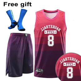 Plus Szie Kids Men Basketball Training Jersey Set Blank College Tracksuits Respirável Jerseys Uniformes Meias Grátis 240306