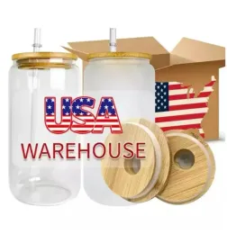 CA US Warehouse 3-10 일 배달 16oz 승화 유리 머그 컵 컵 블랭크 대나무 뚜껑이있는 맥주 캔 안경 텀블러 메이슨 항아리 플라스틱 빨대