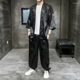 Roupas étnicas Homens Cetim CardiganPants Dragão Imprimir Duas Peças Terno Casual Outerwear Masculino Japonês Kimono Jaqueta Calças Soltas Streetwear