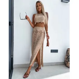 Womens top knitted sexy tassel beach top summer camisole shirt tight fitting suit two-piece set hollow dress 240311