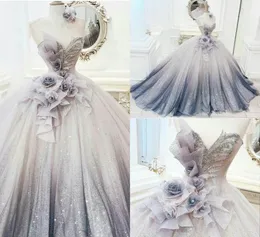 Fairy Ball Gown Prom Dresses Sheer Jewel Neck Handmade Flowers Evening Dress Beaded Arabic Party Gowns Formal Robes1602715
