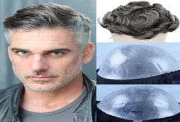 Parrucche durevoli per uomo Marrone Misto Grigio Capelli Umani Remy Pelle PU Sottile PU Naturale Uomini Toupee Posticci Sistema di Sostituzione6027236