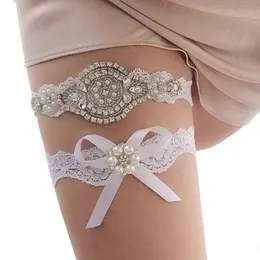 fashion wedding Garters for Bride White Lace Garter Belt Bridal Leg Garter Set with Rhinestones 2506