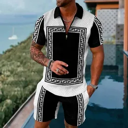 Mens Tracksuit 3D printed polo shirt 2-piece set with zippered lapel polo set with zippered necklace and shorts Hawaiian holiday style casual mens clothing 240311