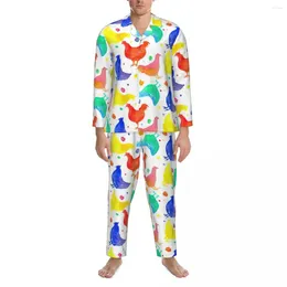 Erkekler pijama pijamaları adam renkli tavuk yatak odası geceleme suluboya hayvan baskı iki parçalı rahat pijama setleri sevimli büyük boy ev takım elbise