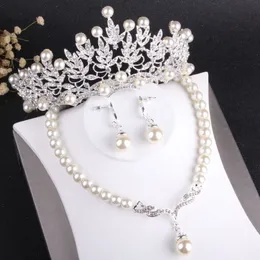 Conjuntos de joias de noiva com pérolas de prata encantadoras, 3 peças, colar, brincos, tiaras, coroas, acessórios de noiva, conjuntos de joias de casamento 237K