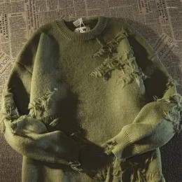 Herrtröjor 2024 Autumn Y2K Streetwear Retro Ripped Tassel Sweater Loose Lazy Style All-Match Long-Sleeved