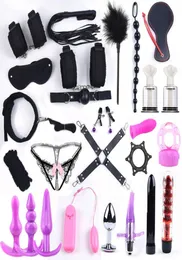 Vibrador bondage conjunto 25 pçs brinquedos sexuais para mulheres homens algemas grampos de mamilo chicote palmada sexo silicone metal anal plug butt bdsm7453136