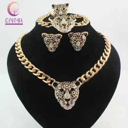 Legal preto esmalte leopardo cabeça cristal colar conjunto para mulheres na moda cor de ouro traje africano conjuntos de jóias 240311