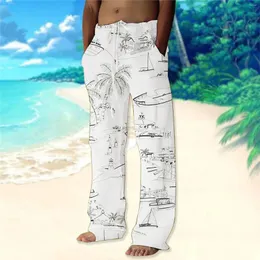 Men's Pants Soft Men Fashion Casual Printing Linen Pocket Lace Up Trousers Male Long Sweatpants Ropa Para Caballero