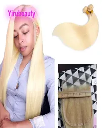 Brasilianskt jungfruligt hår silkeslen rak 2 buntar med 5x5 spetsstängning blond 613 färg dubbel wefts med stängningar middle thr9198970
