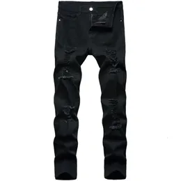 Jeans da uomo retrò neri pantaloni elasticizzati con foro strappato slim fit pantaloni casual in denim moda di alta qualità 954