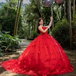 赤い光沢のあるボールガウンQuinceanera Dresses 3D FlowersアップリケレースコルセットVestidos de 15 Anos Birthday Princess Gowns