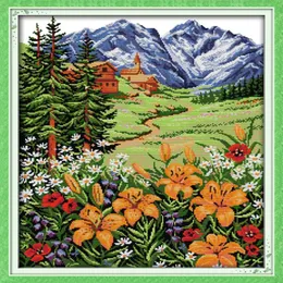 スノーマウンテンの春の景色の家の装飾絵画ハンドメイドクロスステッチ刺繍ニードルワークセットCanvas DMC 271Dでカウントされた印刷