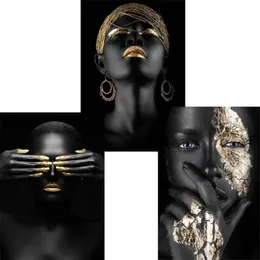 Målningar 1PC African Black Gold Modern Woman Wall Art Portrait Scandinavian Canvas Print Oil Målning Poster Picture Home Office 269V