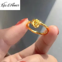 Cluster-Ringe KISSFLOWER 24KT Gelbgold Ring für Frauen Mädchen Rose Blume verstellbarer feiner Schmuck Großhandel Hochzeit Party Geschenk RI161