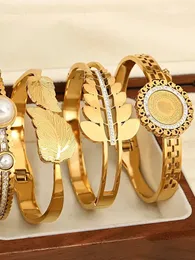 ALLYES Trendy Chic 18K Gold Farbe Edelstahl Armreifen Armbänder für Frauen Herz Münze Zirkon Blatt Geometrische Mode Schmuck 240227