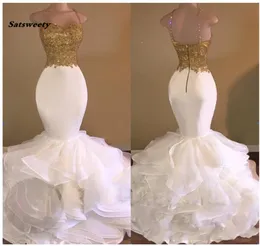 Casamento Sexy Mermaid Evening Dresses Gold Appliques Lace Ruffles Tiered Prom Gowns Zipper Open Back Robe De Mariee3433284