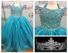 2021 Pretty Girls Pageant Dresses Turquoise with Honter Neck and Crystals 세부 사항 Real Po Beading Ballgown Girls 생일 가운 2870956