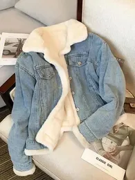 Kış Polar Kalınca Denim Ceket Kadınlar Gevşek Büyük Boy Casual Sıcak Kot Paltolar Giymek Kürk yakalı Uzun Kollu Kadın Giysileri 240307